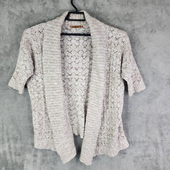 Womens Beige Belldini Open Front Knit Cardigan Sweater Short Sleeve Size L - Picture 2 of 9